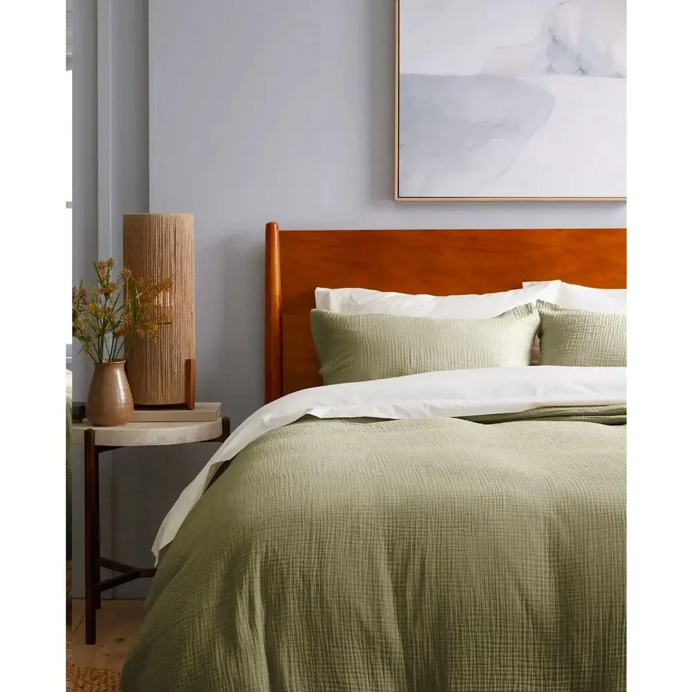 Quince Organic Cotton Gauze Airy Duvet Cover 3Pc Set King Cal King Olive Green